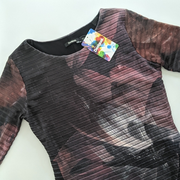 DESIGUAL Rosa Glam Abstract Floral Stripe Midi Sheath Dress M NWT - Picture 2 of 13